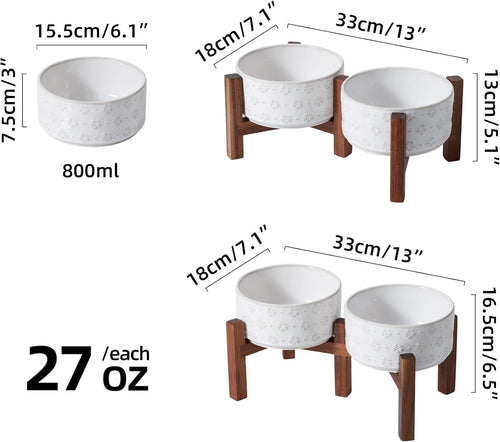6.1inch Ceramic Raised Double Bowls Set with Acacia Wood Stand  2 Heights Elevated  Food & Water Bowls for Small Breed Dogs  Weighted Dog Dishes  Pet Bowl(27oz  Arctic White)