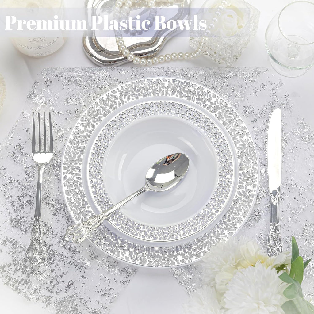 I00000 100 Silver Plastic Bowls  12 oz Disposable Bowls  Premium Disposable Heavy Duty Plastic Bowl for Birthday  Wedding & Party